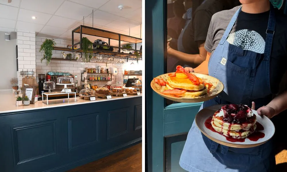 cafe with bakery counter and waiter holding stacked pancakes
