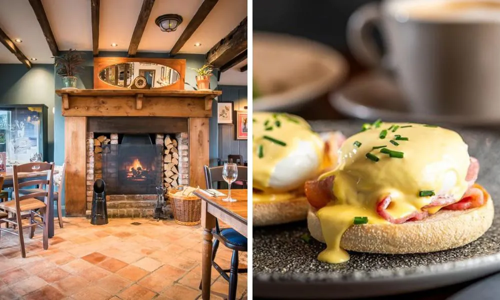 pub with roaring fire and poached eggs benedict on english muffin