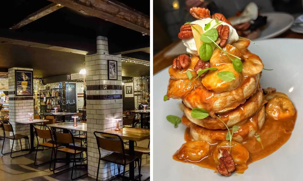 restaurant dining hall with fairy lights and stacked pancakes with banana and pecan