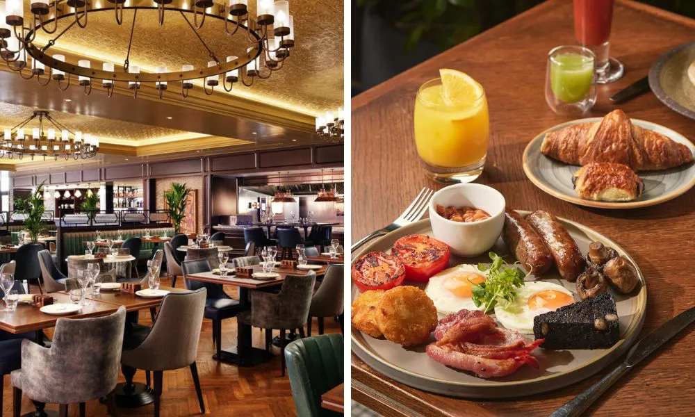 restaurant dining room and classic fry up breakfast plate