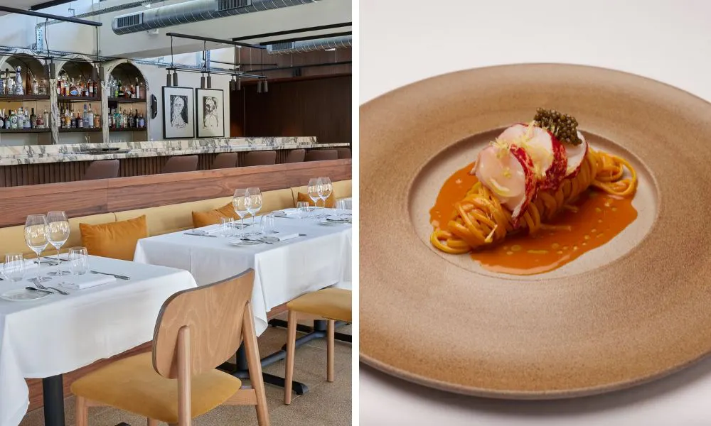 restaurant dining room and spaghetti with lobster and caviar