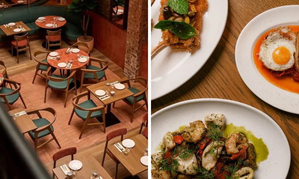 restaurant dining room with neutral tones and selection of spanish small plates