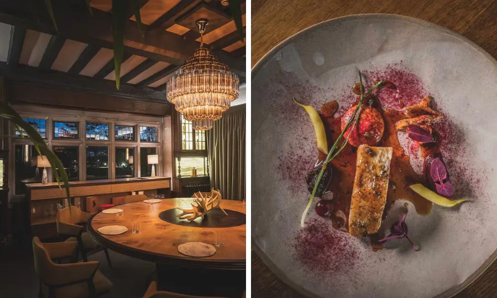 private dining area with chandelier and michelin star fine dining plate