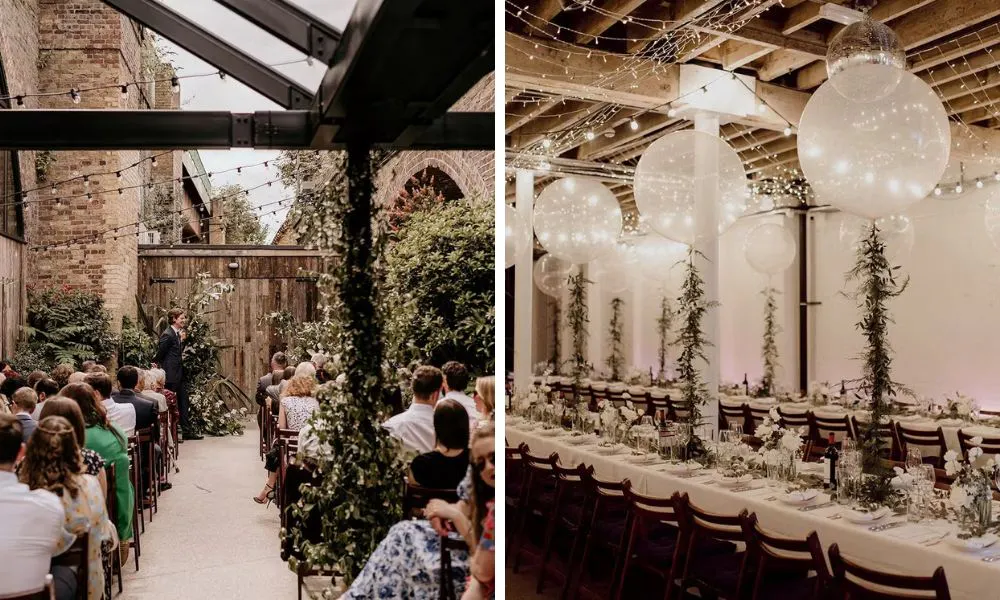 industrial wedding venue with outdoor ceremony and long banquet tables