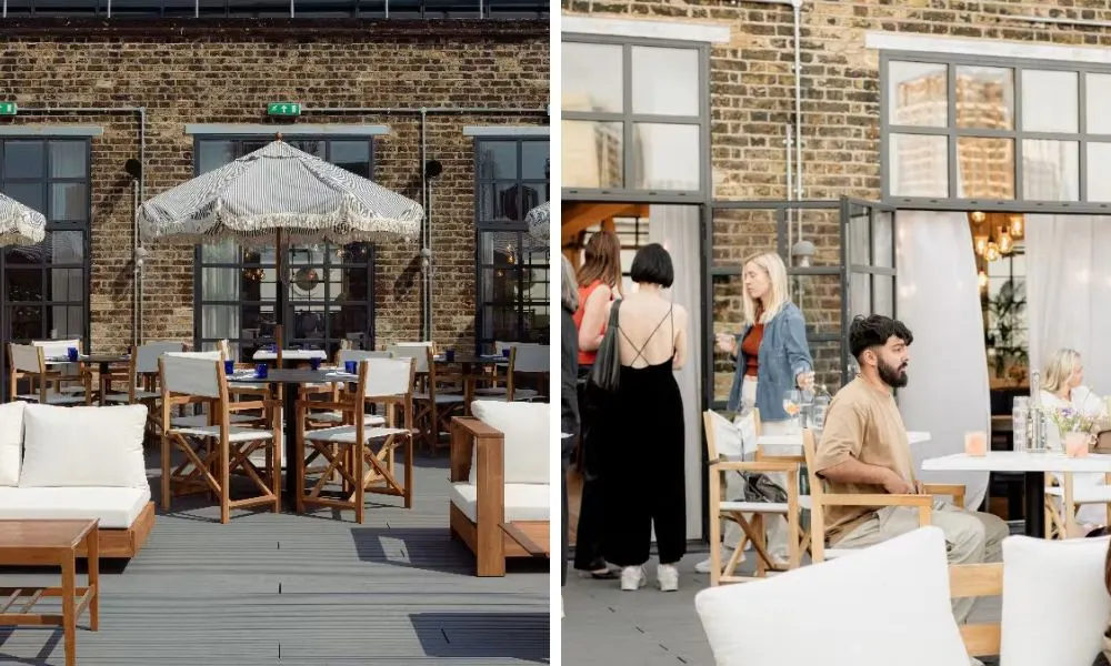 rooftop wedding venue with guests enjoying drinks