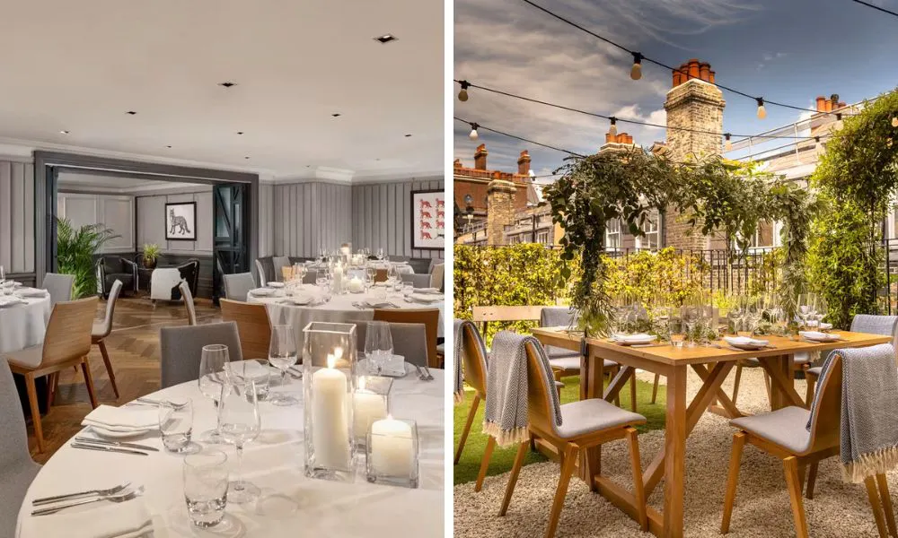 hotel wedding venue and outdoor terrace with dining table