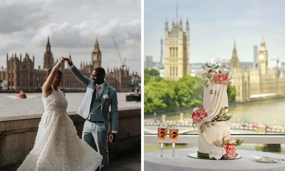 couple by london bridge and wedding cake with glasses of fizzy rose