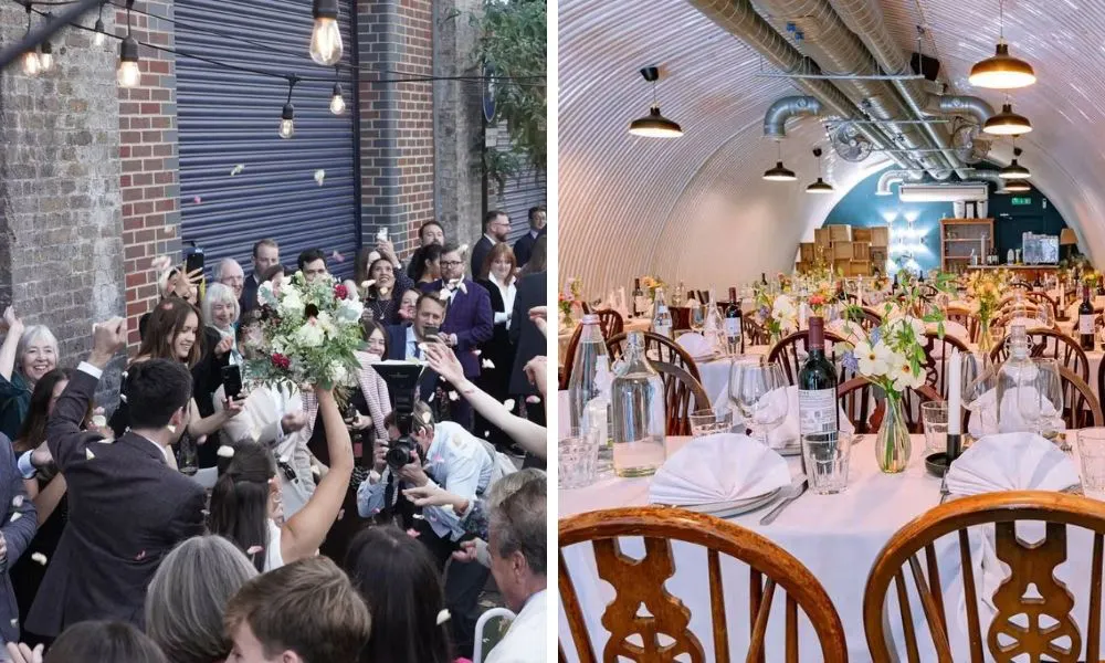 wedding breakfast in industrial wine bar and couple arriving with wedding guests
