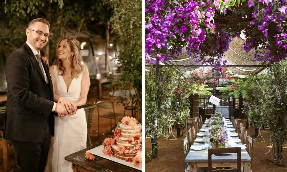 wedding couple cutting cake and long banquet table in outdoor greenhouse