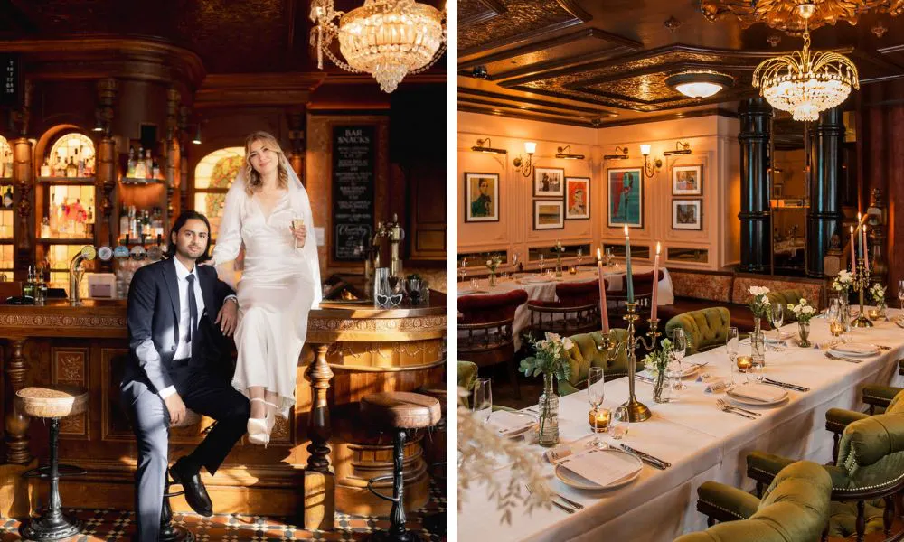 couple sat on pub bar and long table for wedding breakfast in pub