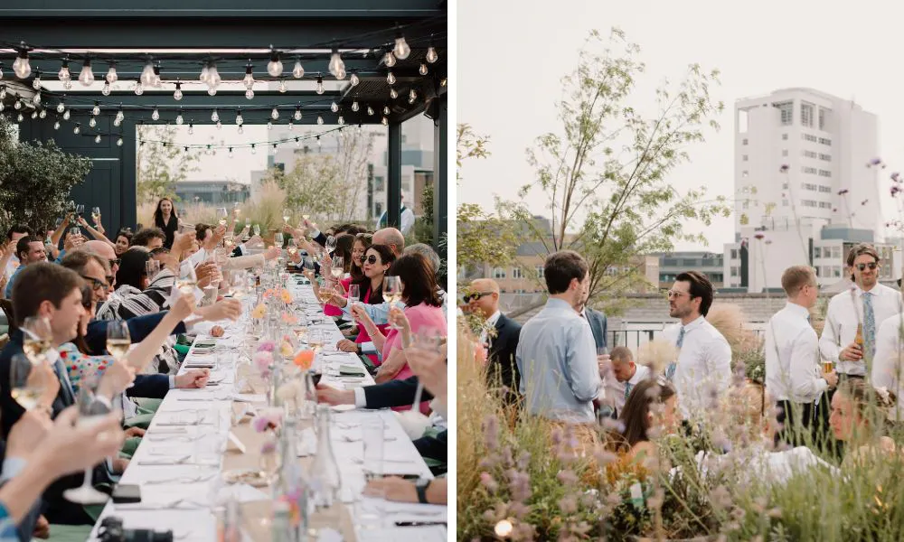 rooftop wedding venue with long banquet tables