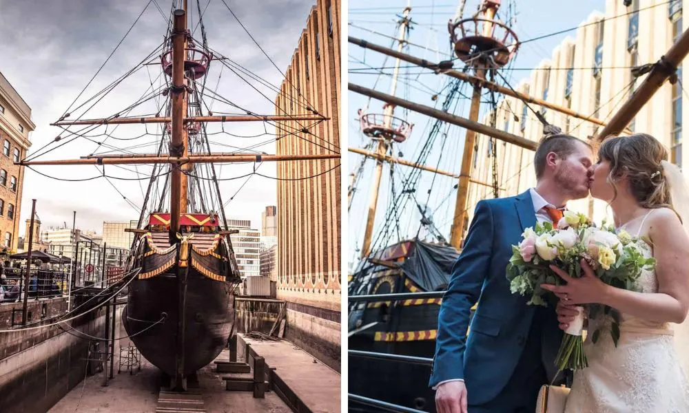 giant shop docked in london bridge and couple kissing in front of ship