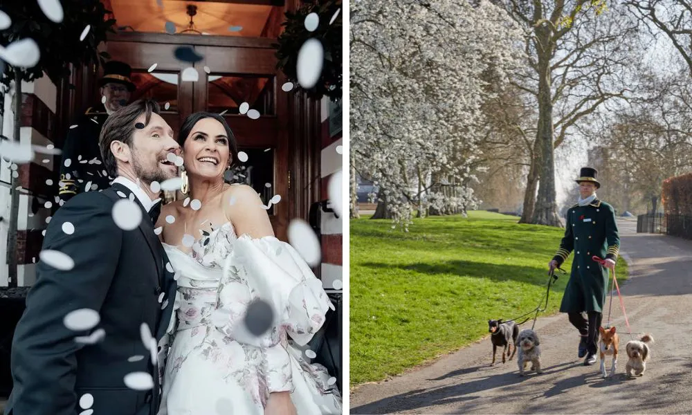 married couple outside of wedding venue and concierge walking dogs