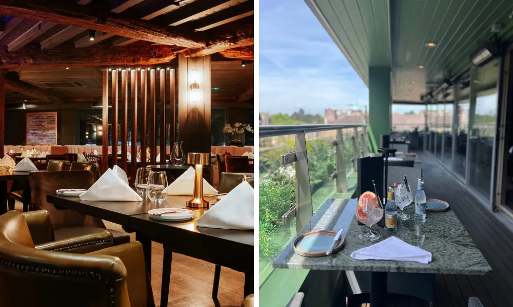 outdoor terrace and dining room at rhubarb