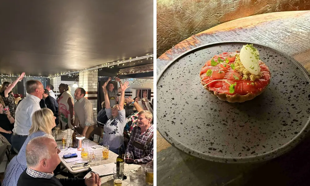lively group table and shot of small tart dish