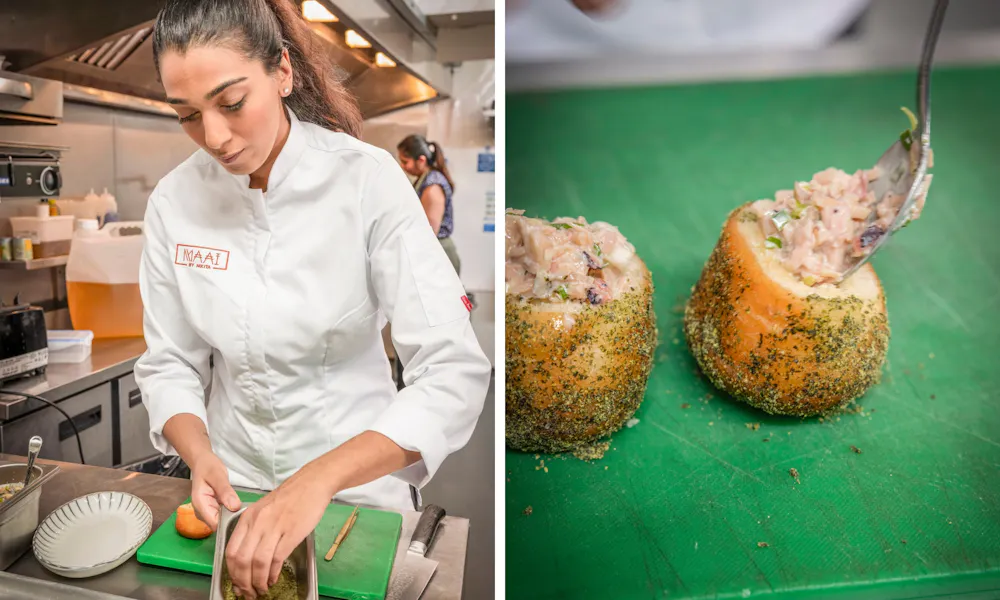 nikita filling her tako yaki doughnuts