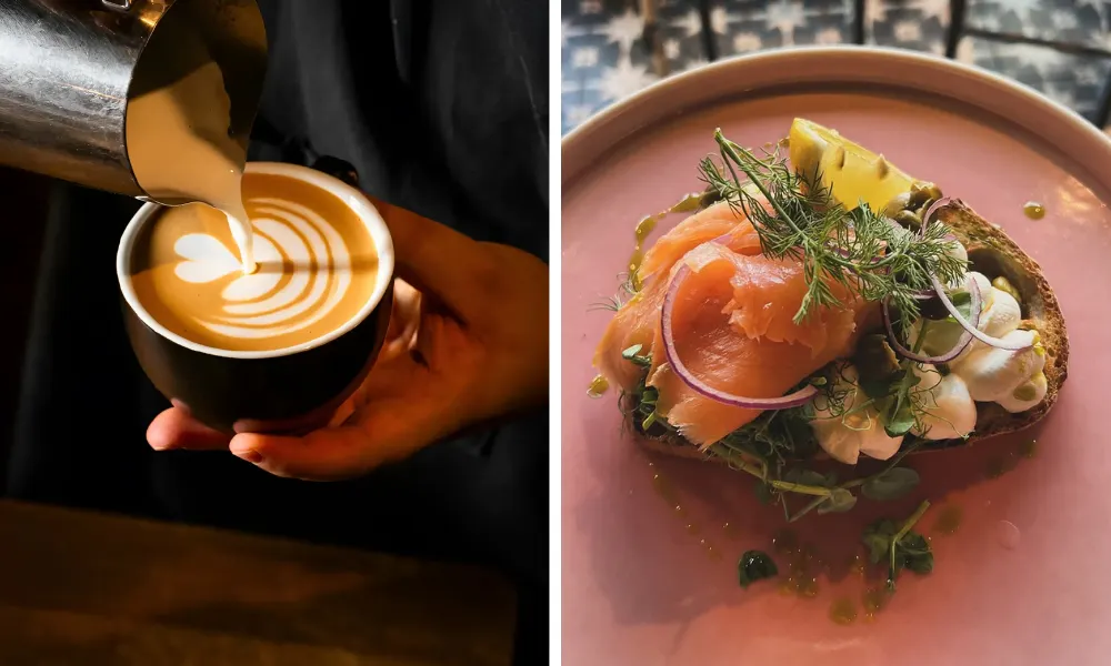 Latte art and toast with salmon