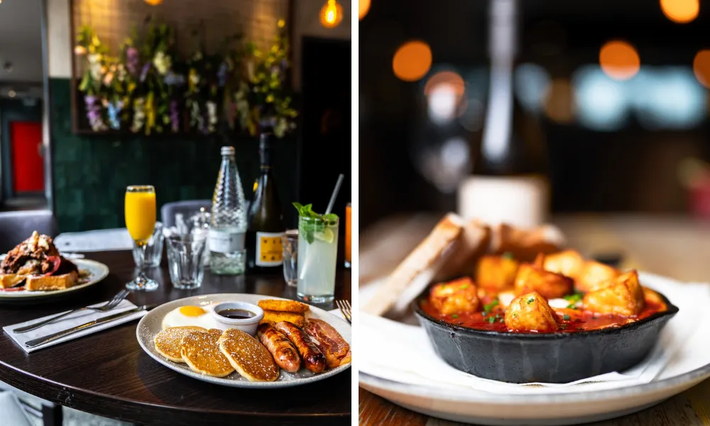 dining room with pancakes full english and shakshuka