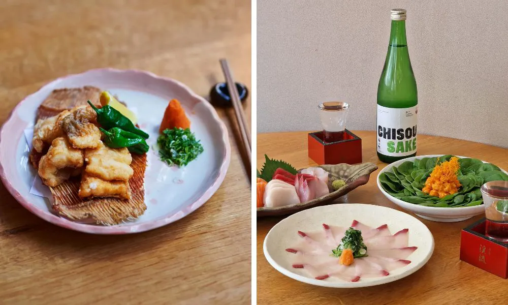 fried tofu and sashimi with bottle of housemade sake