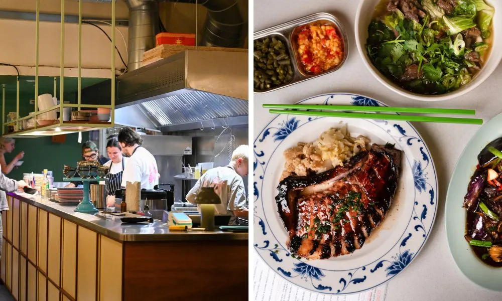 open kitchen in chinese restaurant and selection of chinese plates