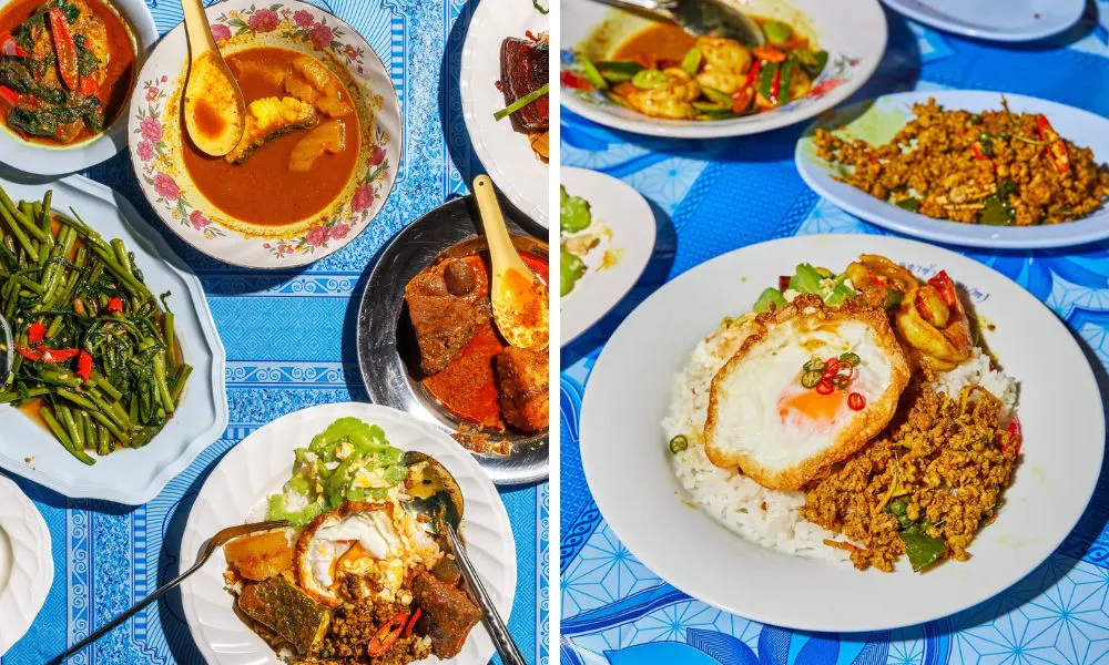 selection of thai dishes including morning glory fried egg and curry