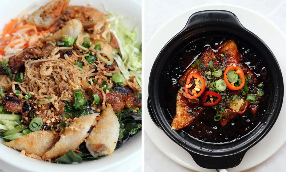 vietnamese dishes with crispy spring roll crispy onions and chopped chillies