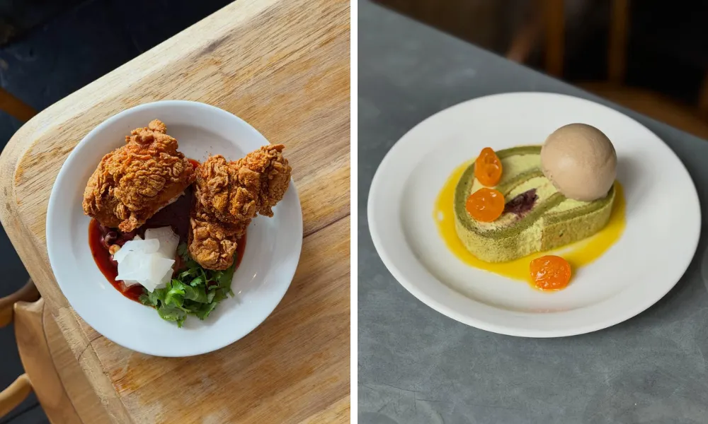 Fried chicken from Calong and matcha swiss roll
