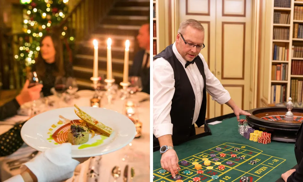 roulette table and Christmas dinner starter dish