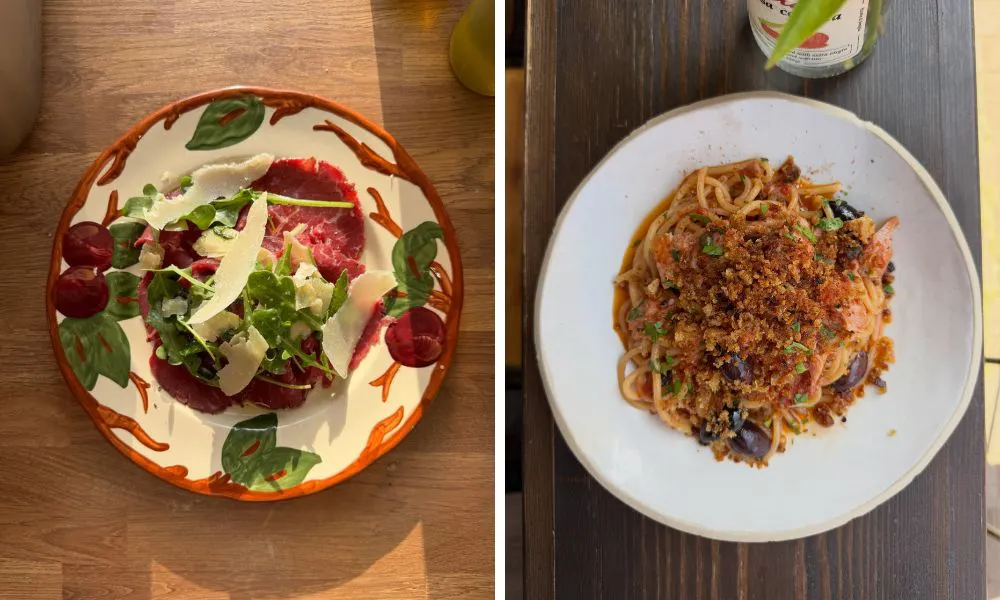 beef carpaccio with parmesan and spaghetti with gremolata