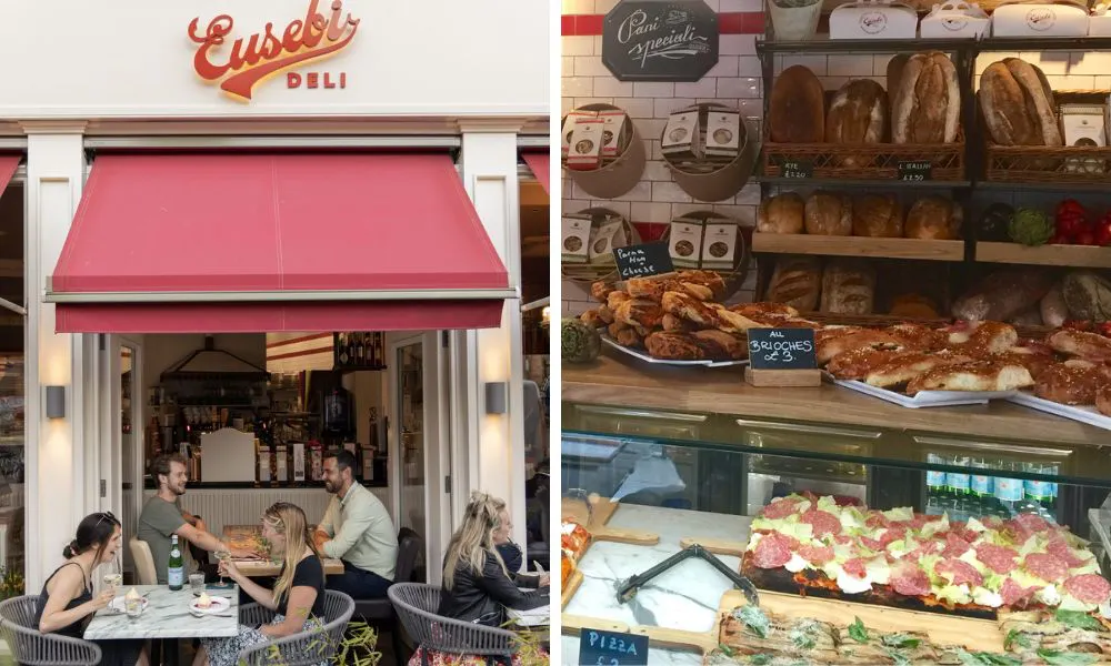 guests dining outside a deli and deli counter with homemade bread and pastries