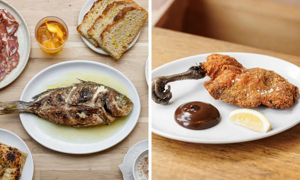 whole grilled fish and battered chicken thigh