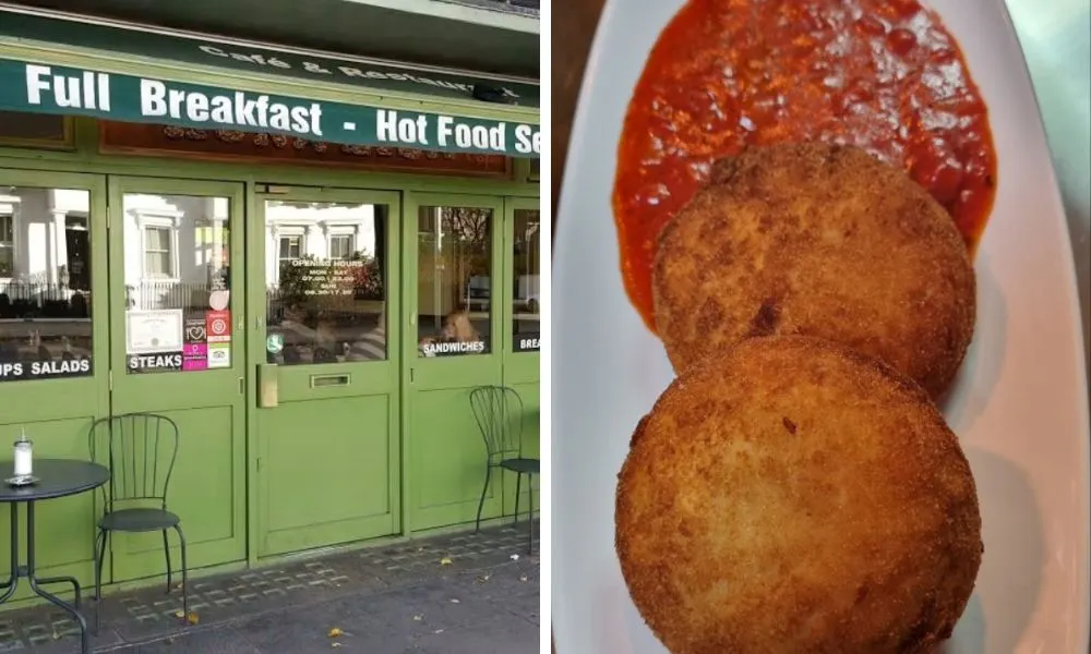 traditional london cafe and fried mozzarella with tomato relish