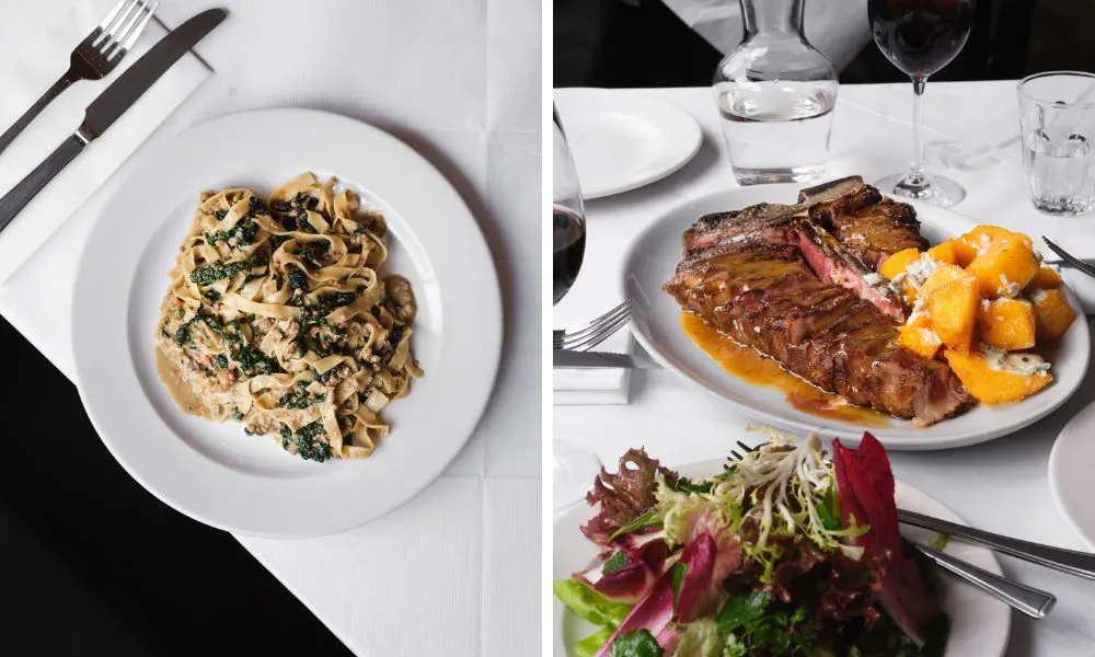 ragu pappardelle and steak with hand cut chips and house salad