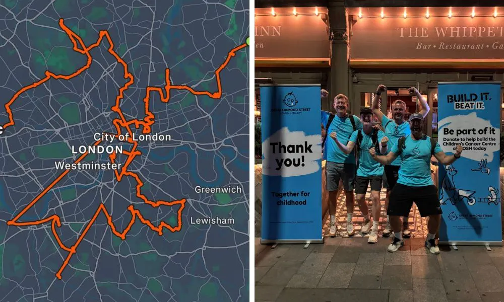 map of london pub marathon route and participants outside final pub