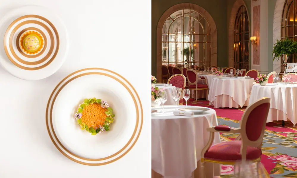 Two small dishes on plates, and a fine dining restaurant