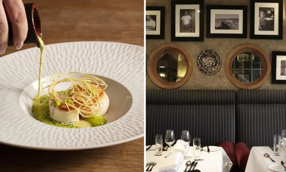 A green sauce being poured onto a dish, and a gallery wall behind booth seating.