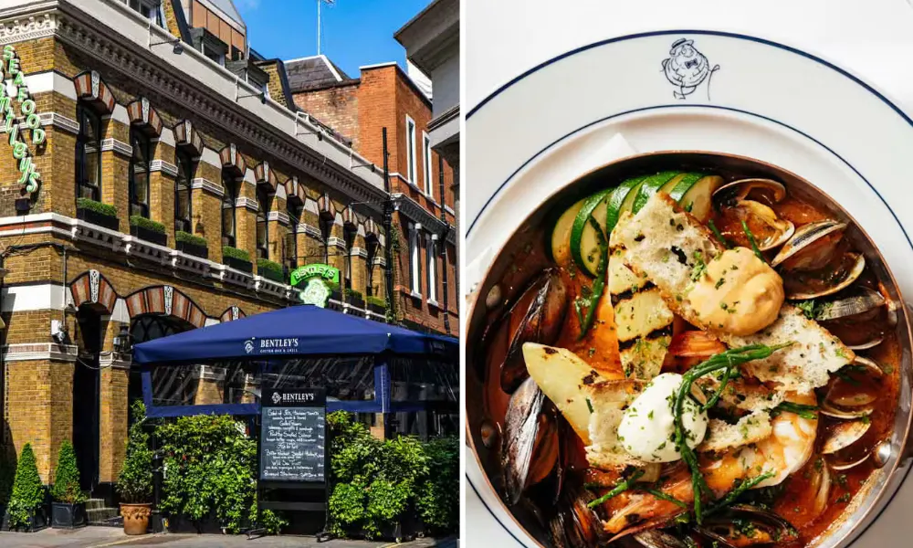 One image of a restaurant exterior, and another image of a white plate with seafood.