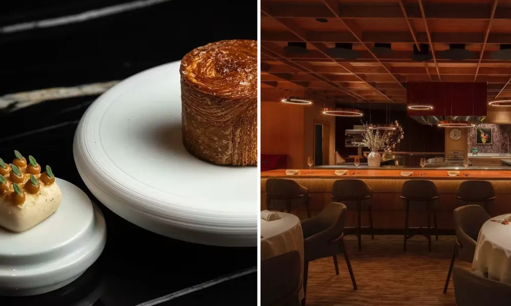 Two dishes, and a warm restaurant interior.