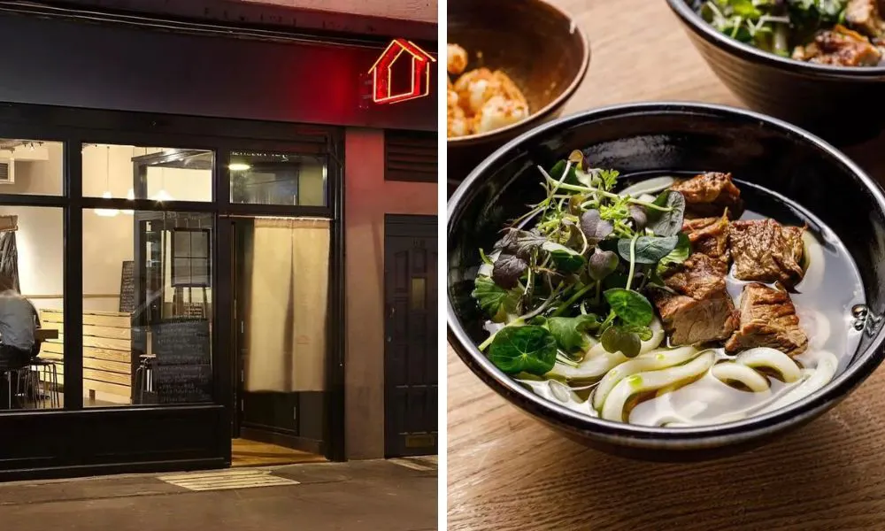 exterior shot of koya and bowl of ramen with pork