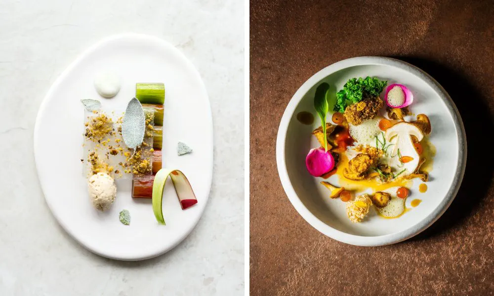 fine dining dishes made with rhubarb sage and mushrooms