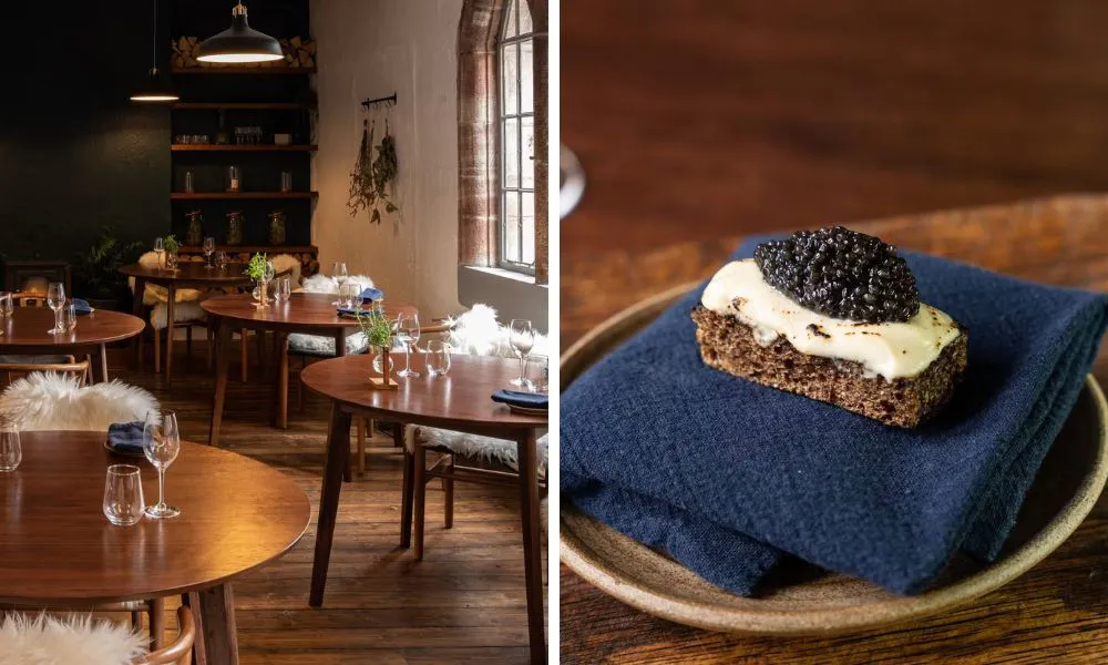 modern restaurant with fluffy cushions and caviar toast on a napkin