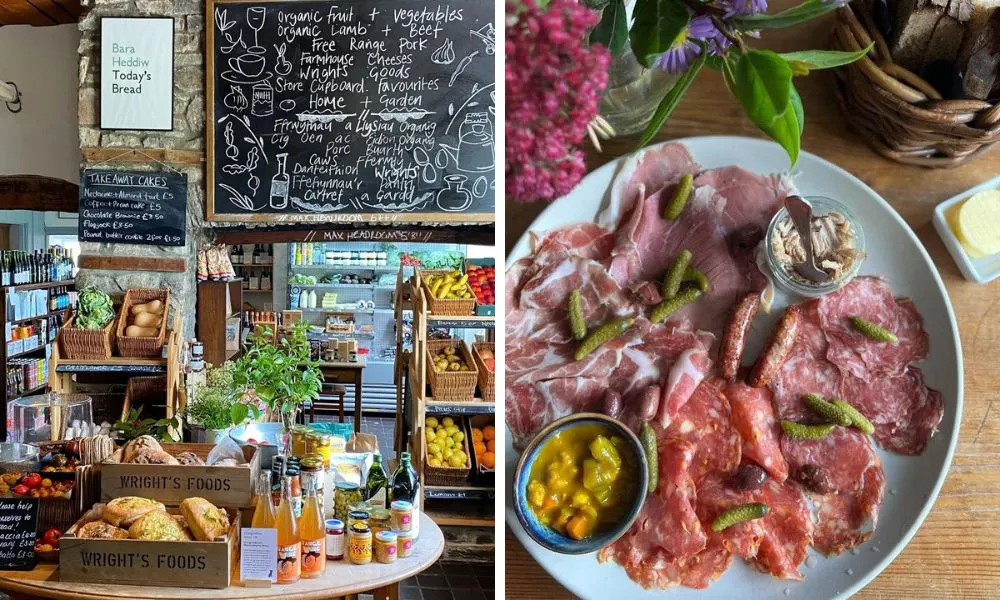 deli shop with variety of produce and charcuterie plate with cornichons and salami