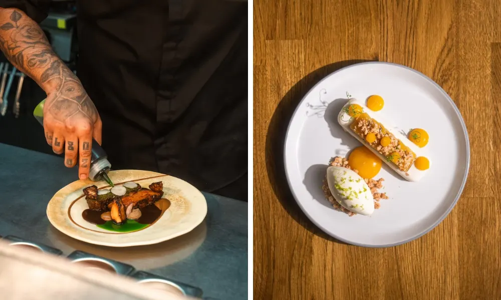 fine dining dish being plated on the kitchen pass