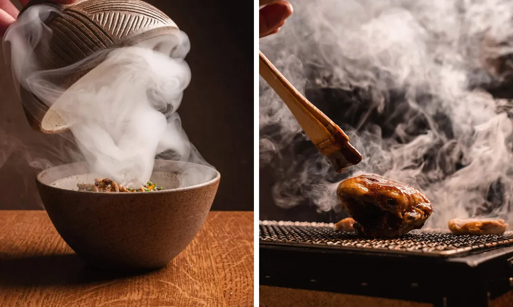 Akoko jollof with smoke from a cloche bowl