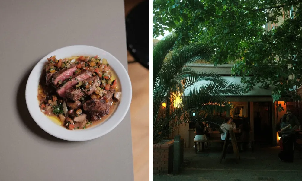 Steak and bean dish with restaurant exterior