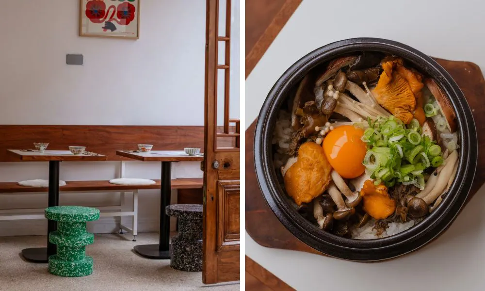 restaurant with bench seating and colourful stools and korean claypot with egg yolk and mushrooms