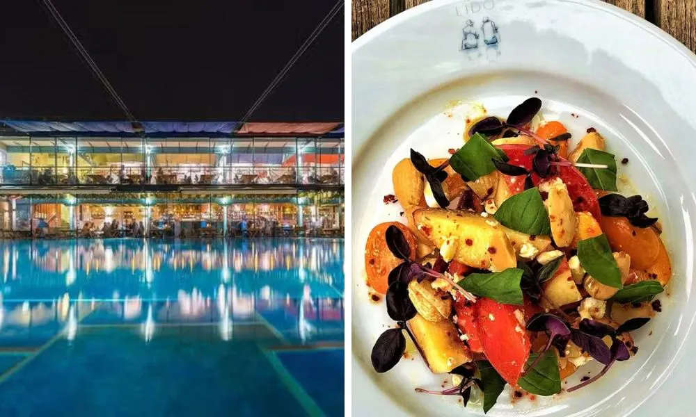 restaurant with lido pool and salad with nectarine tomato and basil