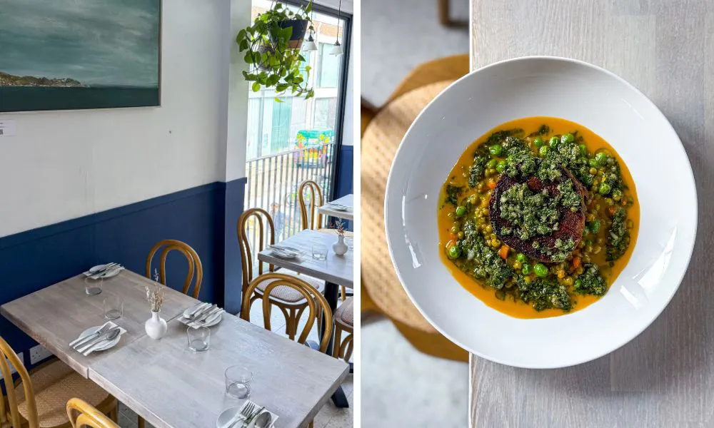 dining table in a restaurant with hanging plant and grilled meat with pea corn and carrot sauce