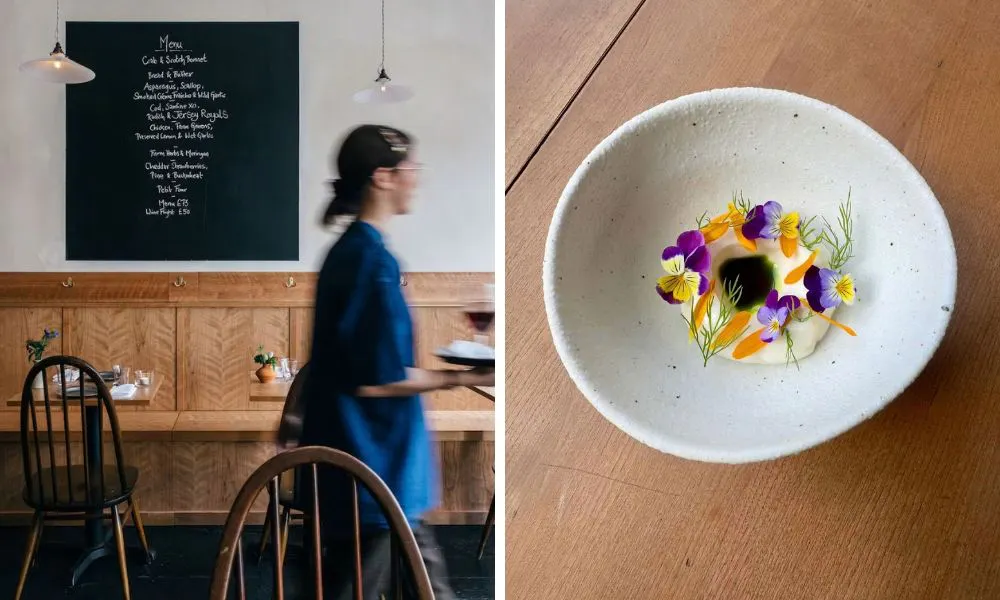 waitress walking through restaurant and whipped yogurt with edible flower