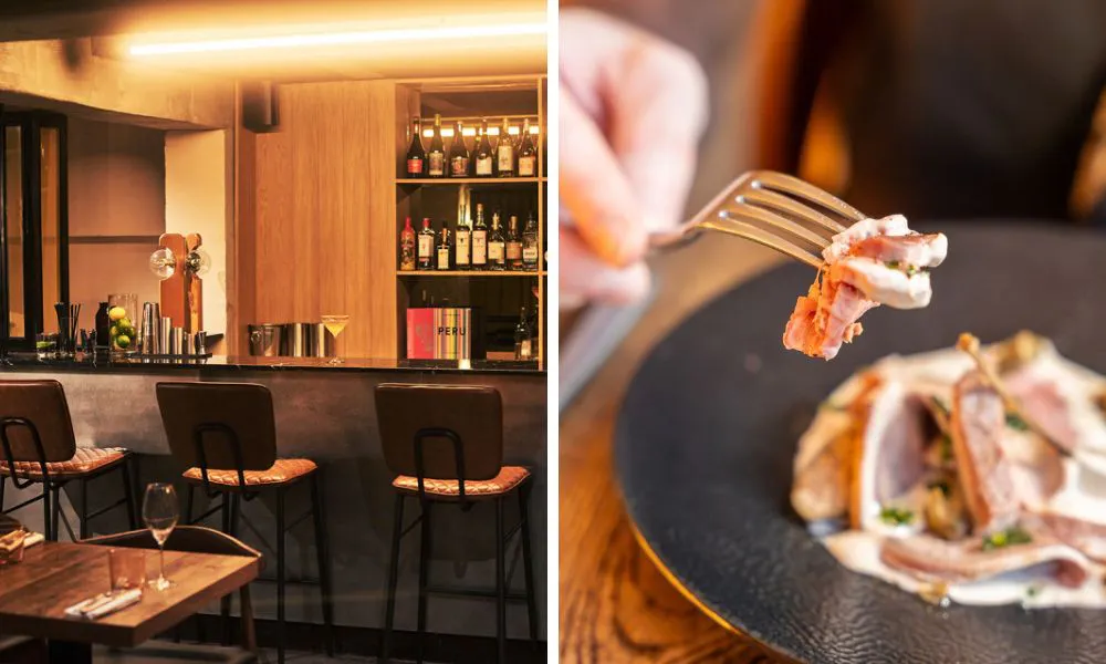 counter seating at a bar, and someone eating a plate of food
